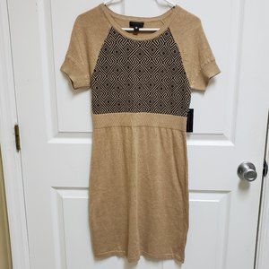 Worthington M Oatmeal Black Geometric Short Sleeve Knit Sweater Dress New